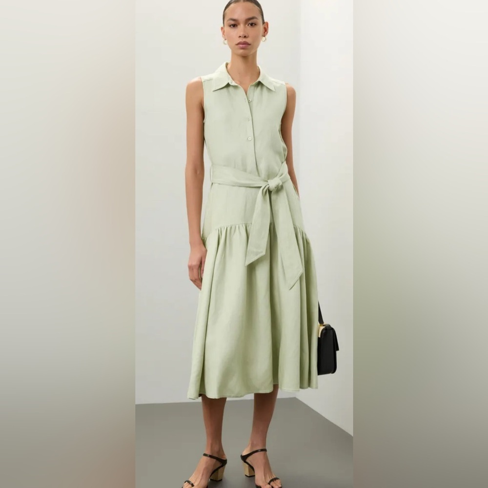 Marissa Webb Linen Sleeveless Green Tie-Waist Midi Dress - Size Small